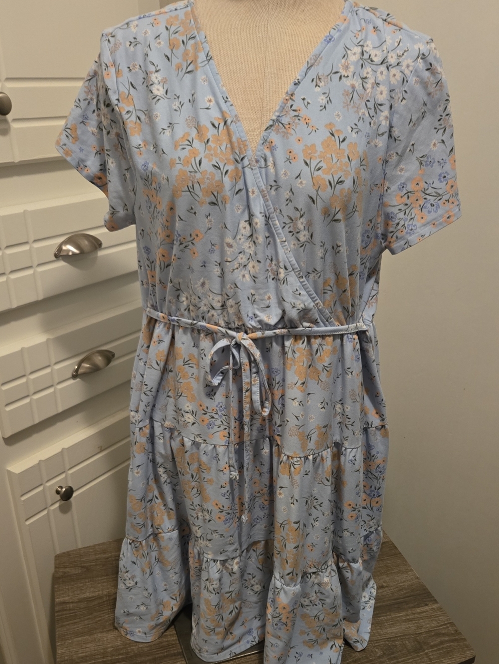 No Boundaries Light Blue Floral Wrap Midi Dress with Tie Waist